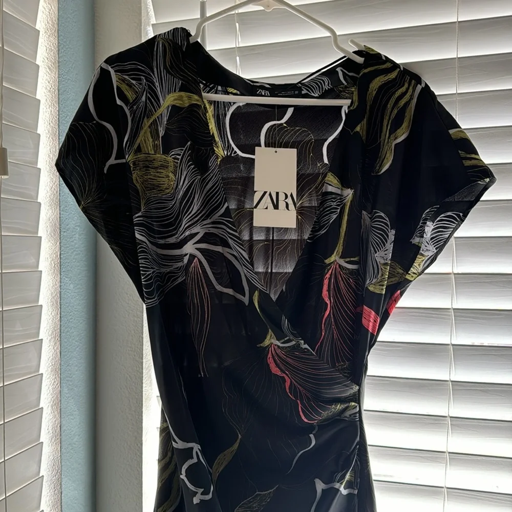 Zara Black Floral Midi Dress with Green and White Accents